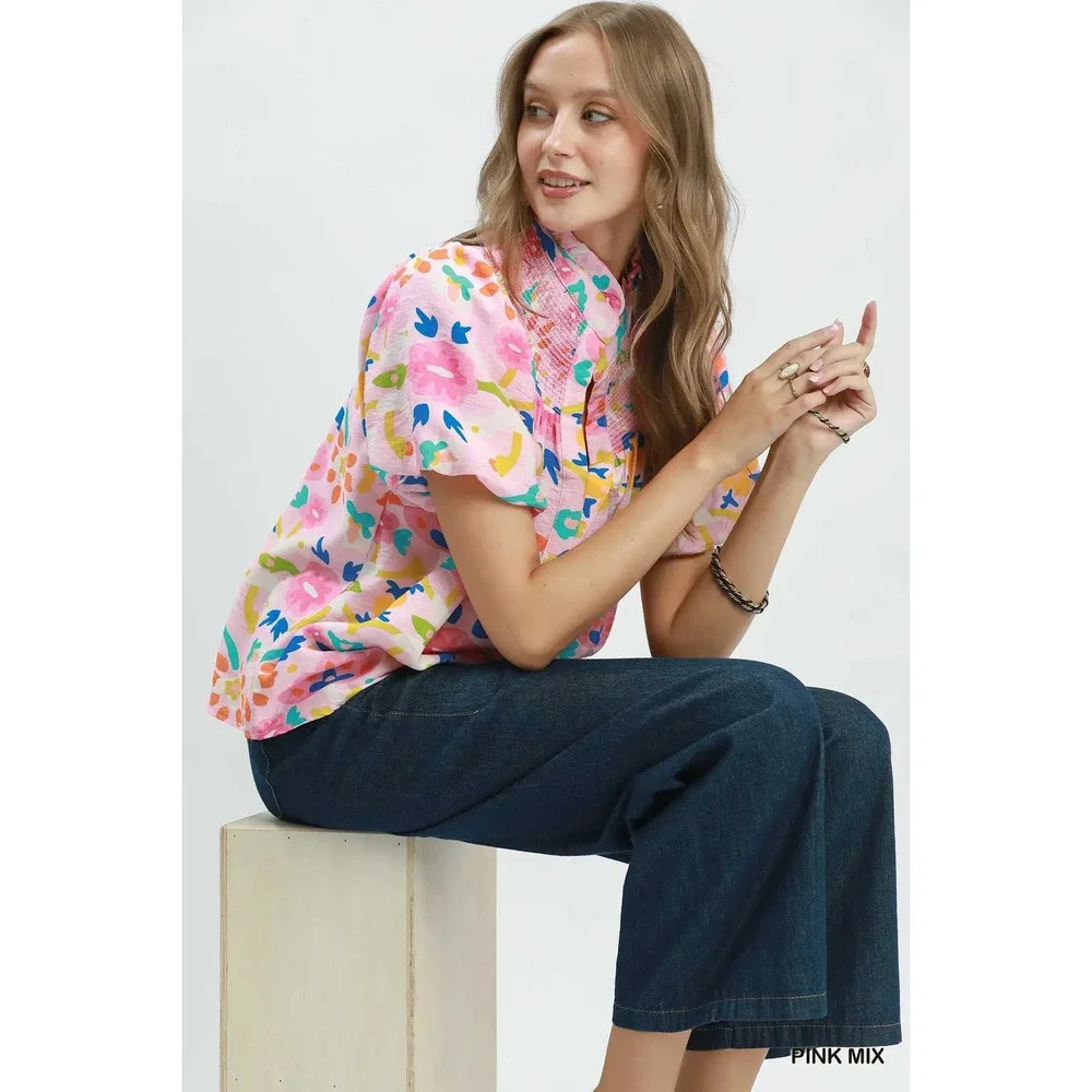 Umgee Folk Art Print Top with Smocked Detail - Picture 4 of 5
